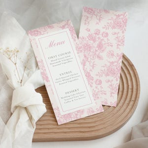 Modèle de Menu de mariage toile rose poudré Carte de menu modifiable Shower nuptiale Décoration de table champêtre français