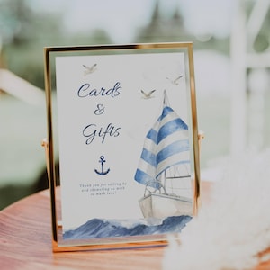 Ahoy, c'est un garçon pour cartes et cadeaux Baby Shower nautique, ancre voilier, thème modifiable, panneau de table en toile imprimable, fournitures de fête