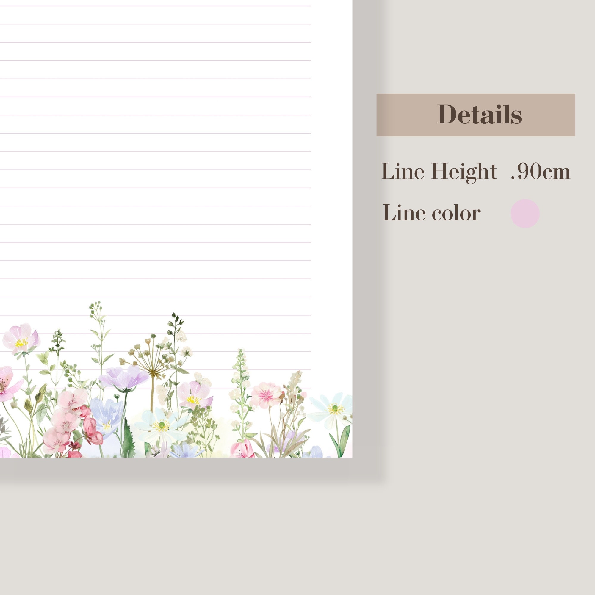 Wildflowers Printable Stationery Lined Paper, Floral Printable Letter Paper, Note Paper, Letter ...