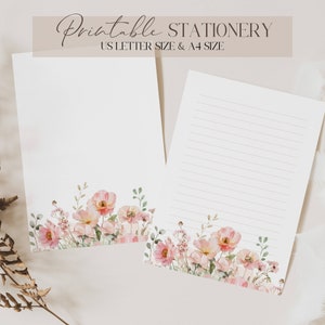 Papelería imprimible, papel de escritura floral, papel de escritura de cartas imprimible, página de notas, A4, carta de EE. UU., forrado, página de diario forrado imprimible