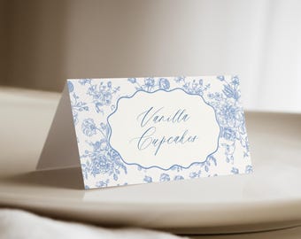 Plantilla de etiqueta de comida Tarjeta de lugar para boda Editable Canva Letrero de carpa Etiqueta de buffet imprimible Toile azul Decoración de mesa campestre francesa 0100