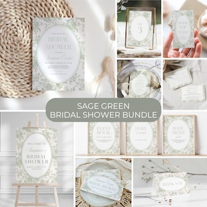 Ensemble de modèles d'invitations pour la douche nuptiale vert sauge Ensemble d'invitations pour le brunch de la mariée vert sauge Ensemble de panneaux de douche modifiables à télécharger