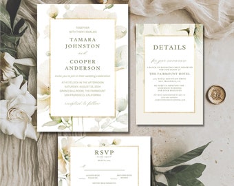 Sage Green Wedding Invitation Suite, Green Botanical Wedding Invitation Template Set, Elegant Green Details Card, Editable Floral RSVP Card