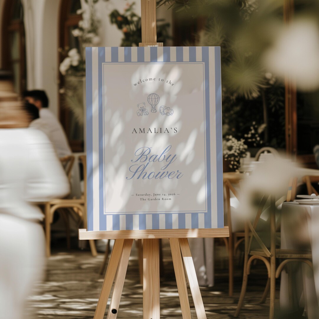 Baby Shower Welcome Sign Template Blue Stripe Editable Canva Printable ...