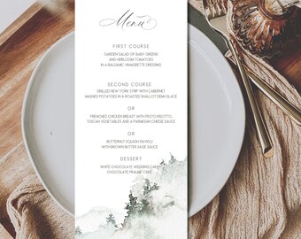 Misty Mountain Menu Card Template, Wedding Menu Template Card, Editable Wedding Menu Printable, Instant Download Rustic Menu Card Template