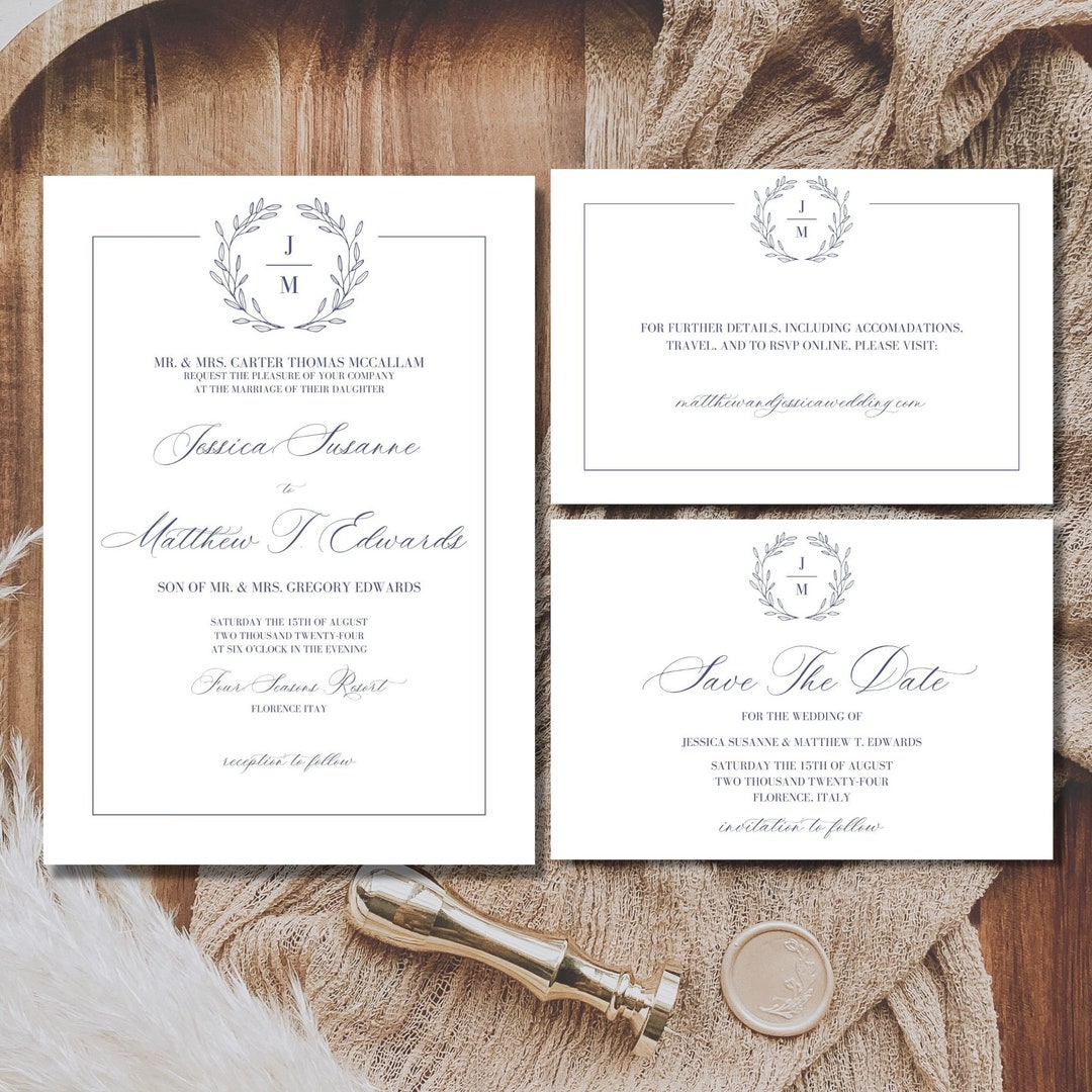 Classic Monogram Wedding Invitation Template Set Editable Etsy