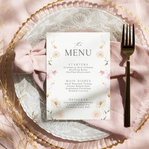 Plantilla de menú de boda PDF Descargar Diseño nupcial Decoración de mesa con flores rosas Menú de recepción de boda de verano Estilo de fuente Boda Imprimible Instantáneo