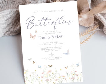 Downloadable Butterfly Invite, Butterfly Bridal Shower Invitation, Butterfly Party Invite, Wildflower Bridal Shower Invite, Dusty Blue