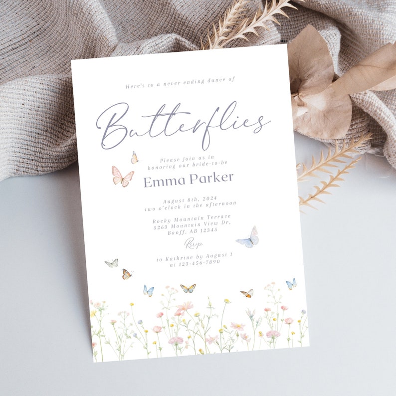 Downloadable Butterfly Invite, Butterfly Bridal Shower Invitation, Butterfly Party Invite, Wildflower Bridal Shower Invite, Dusty Blue image 1