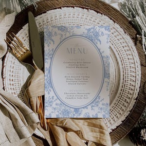 Afdrukbare menusjabloon Vintage bruiloft menukaart bruids douche tafel decor babyshower receptie Frans land elegant feest DIY