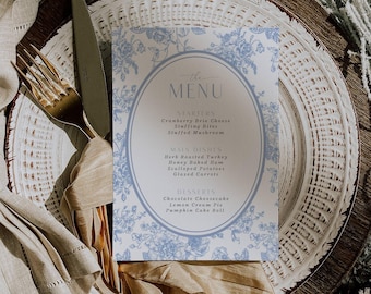 Editable Menu Card Canva Template Blue Floral Toile Dinner Menu Printable Wedding Holiday Event Reception