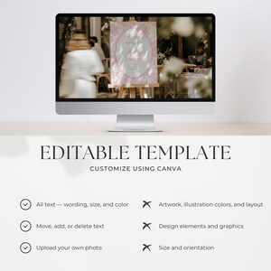 May include: A computer screen shows a wedding sign with a pink floral design and the name "Amaline". The text "Editable Template" and "Customize Using Canva" are below the screen. The sign is on an easel.