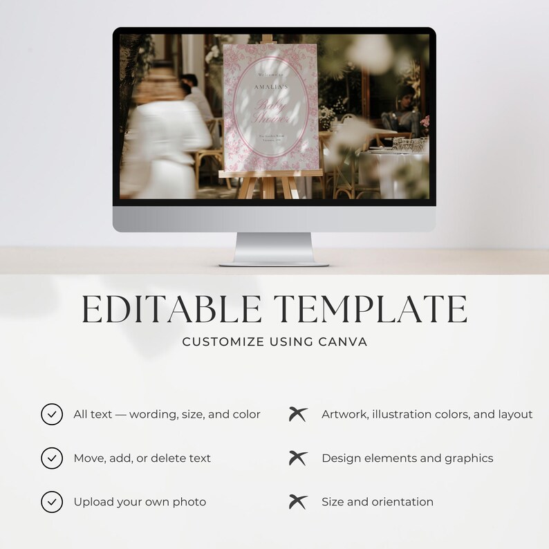 May include: A computer screen shows a wedding sign with a pink floral design and the name "Amaline". The text "Editable Template" and "Customize Using Canva" are below the screen. The sign is on an easel.