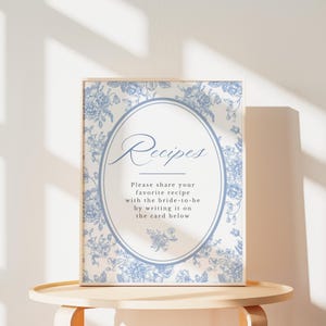 Modèle de carte de recette de douche nuptiale imprimable signe de recette insérer toile bleue douche nuptiale cuisine thé jeu décoration florale de douche nuptiale
