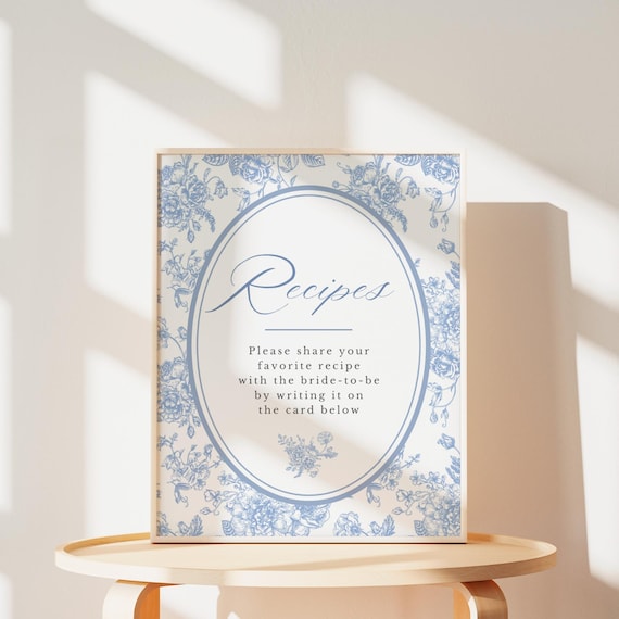 Bridal Shower Recipe Card Template Printable Recipe Sign Insert Blue Toile Bridal Shower Kitchen Tea Game Floral Bridal Shower Decor