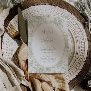 Salbei Grün Toile Menü Card Template Floral Chinoiserie Brautparty Tischdekoration Baby Shower Menu Hochzeitsmenü Vorlage Vintage Floral Menu