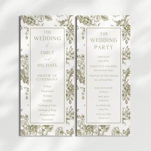 Peut inclure: Programme de mariage à deux pages avec une bordure florale. La page de gauche indique « Le mariage d'Emily et Michael » avec l'ordre de la cérémonie. La page de droite liste les invités du mariage.