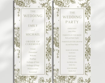 May include: Two-page wedding program with floral border. The left page reads "The Wedding of Emily and Michael" with the order of ceremony. The right page lists the wedding party, including the officiant, parents, and attendants.