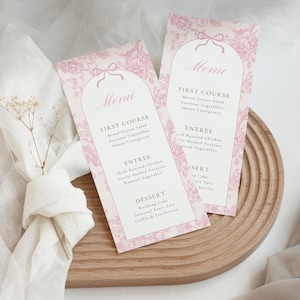 Karta menu weselnego Edytowalna Canva Różowa kokarda kwiatowa Wydruk Eleganckie menu przyjęcia