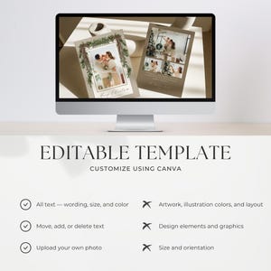 Pode incluir: Um monitor de computador exibe dois modelos de cart&otilde;es de Natal edit&aacute;veis com fotos de fam&iacute;lia, gr&aacute;ficos de guirlandas de pinheiro e texto. Abaixo da tela, o texto diz EDITABLE TEMPLATE CUSTOMIZE USING CANVA e uma lista de recursos.