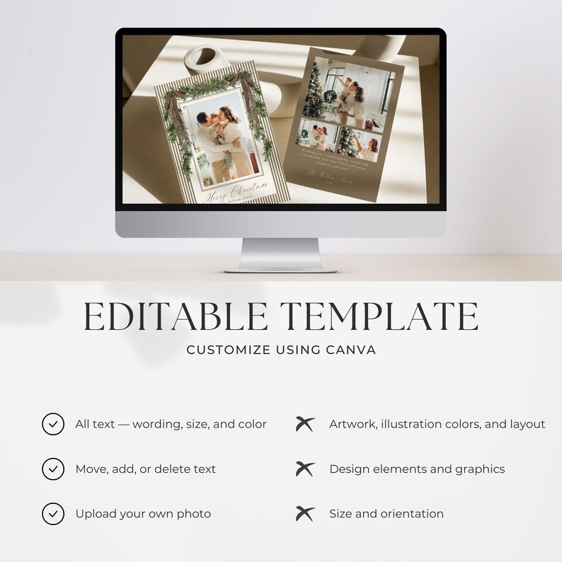 Pode incluir: Um monitor de computador exibe dois modelos de cart&otilde;es de Natal edit&aacute;veis com fotos de fam&iacute;lia, gr&aacute;ficos de guirlandas de pinheiro e texto. Abaixo da tela, o texto diz EDITABLE TEMPLATE CUSTOMIZE USING CANVA e uma lista de recursos.
