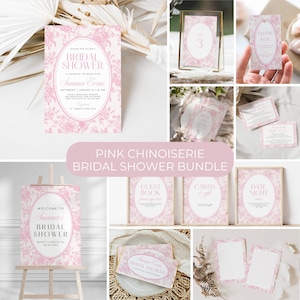 Pink Floral Toile Bridal Shower Invitation Template Set Editable Invite Printable Digital Download Elegant Wedding Shower Instant Download