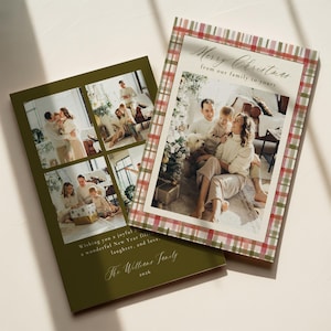 May include: Two rectangular holiday greeting cards. One card features a red, green, and white plaid border with the text Merry Christmas from our family to yours. The second card has an olive green background with four family photos and the text The Williams Family 2026.