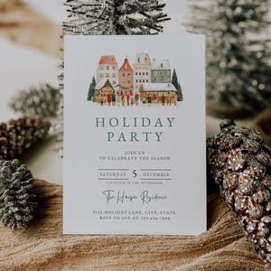 Winter Village Holiday Party Invitation: Editable Canva Template (Digital Download)
