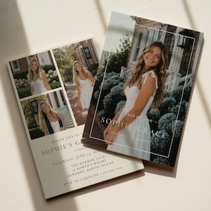 May include: Two graduation announcement cards. One card has a collage of photos of a woman in a white dress. The other card has a single photo with the text "Class of 2026 Sophie Grace". The cards are cream-colored.