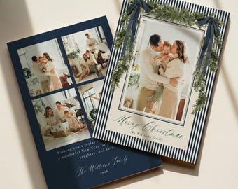May include: Two rectangular holiday cards with navy blue and white vertical stripes. One card features a large photo of a family, a green pine garland, and the text Merry Christmas the Williams family. The other card has four photo panels and text.
