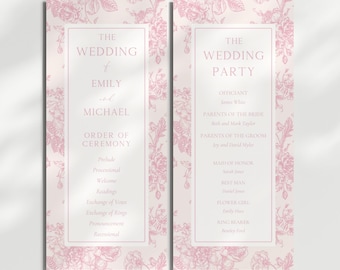 Wedding Program Template Order Of Ceremony Printable Wedding Party Floral Toile Pink Editable Canva