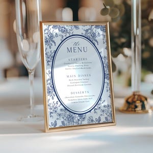 Wedding menu template for reception navy blue floral toile design bridal shower table decor instant download party supply