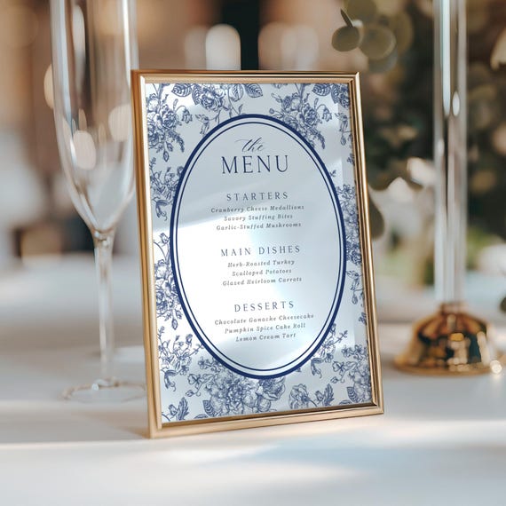 Navy Floral Wedding Menu Template: Editable Canva Card (Digital Download 5x7" PDF)