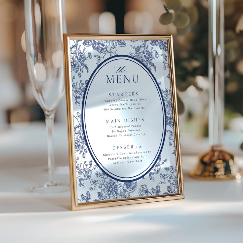 Wedding menu template for reception navy blue floral toile design bridal shower table decor instant download party supply