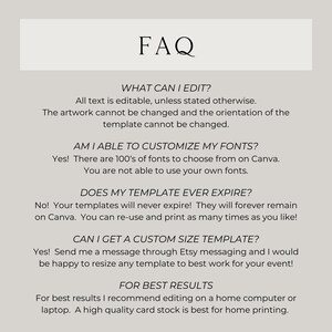 Pu&ograve; includere: Stampa digitale beige con il titolo "FAQ" in nero. Il testo risponde alle domande pi&ugrave; frequenti sull'editing dei modelli, la personalizzazione dei font, la scadenza dei modelli e le dimensioni personalizzate. Consigli per l'editing.