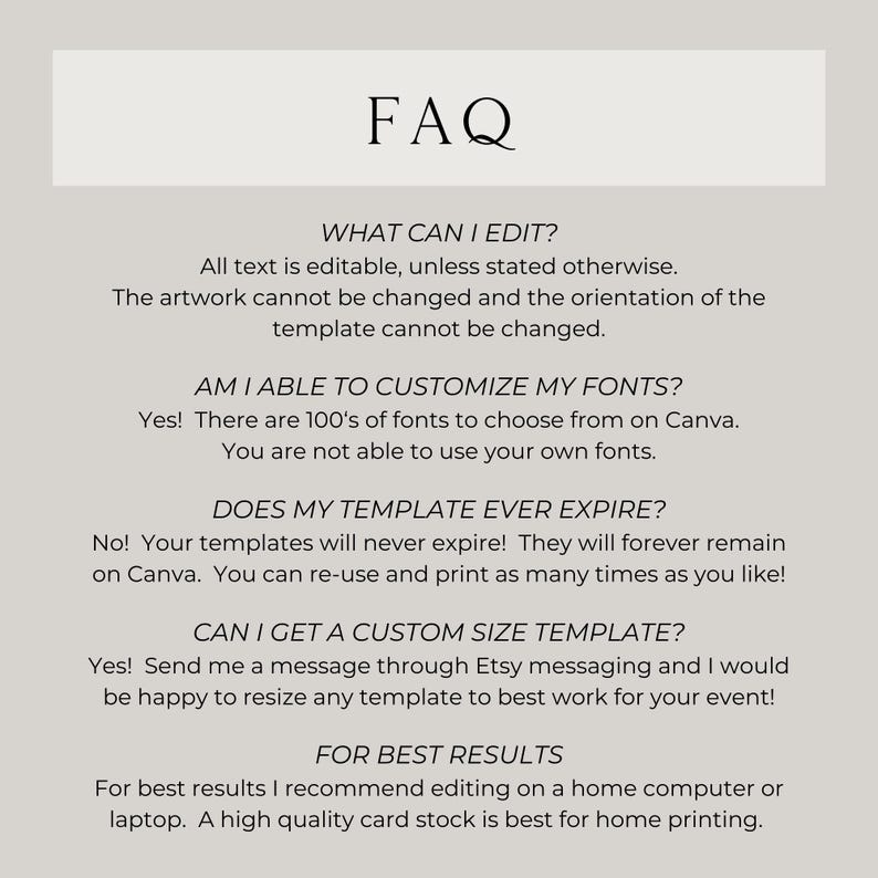 Pu&ograve; includere: Stampa digitale beige con il titolo "FAQ" in nero. Il testo risponde alle domande pi&ugrave; frequenti sull'editing dei modelli, la personalizzazione dei font, la scadenza dei modelli e le dimensioni personalizzate. Consigli per l'editing.