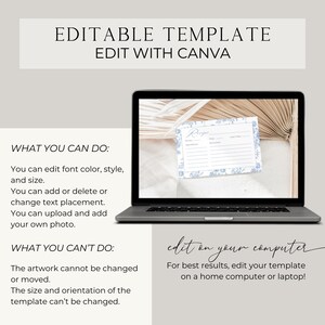 Pu&ograve; includere: Un laptop mostra un modello di biglietto di ricetta con un design floreale blu. Il testo "EDITABLE TEMPLATE EDIT WITH CANVA" &egrave; in alto. Le istruzioni dettagliano le opzioni e i limiti di personalizzazione. Il testo "edit on your computer" &egrave; visibile.