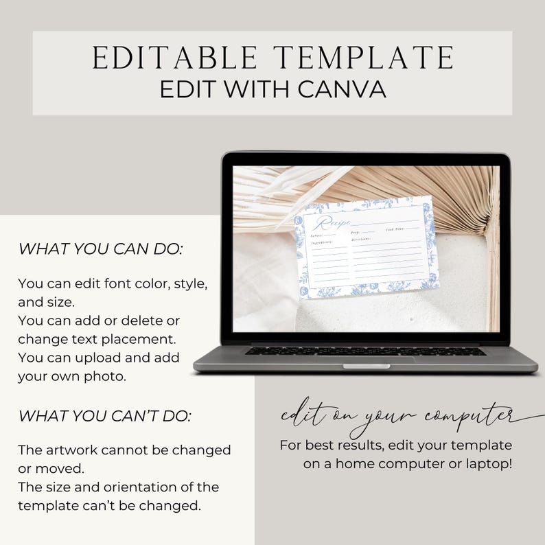 Pu&ograve; includere: Un laptop mostra un modello di biglietto di ricetta con un design floreale blu. Il testo "EDITABLE TEMPLATE EDIT WITH CANVA" &egrave; in alto. Le istruzioni dettagliano le opzioni e i limiti di personalizzazione. Il testo "edit on your computer" &egrave; visibile.