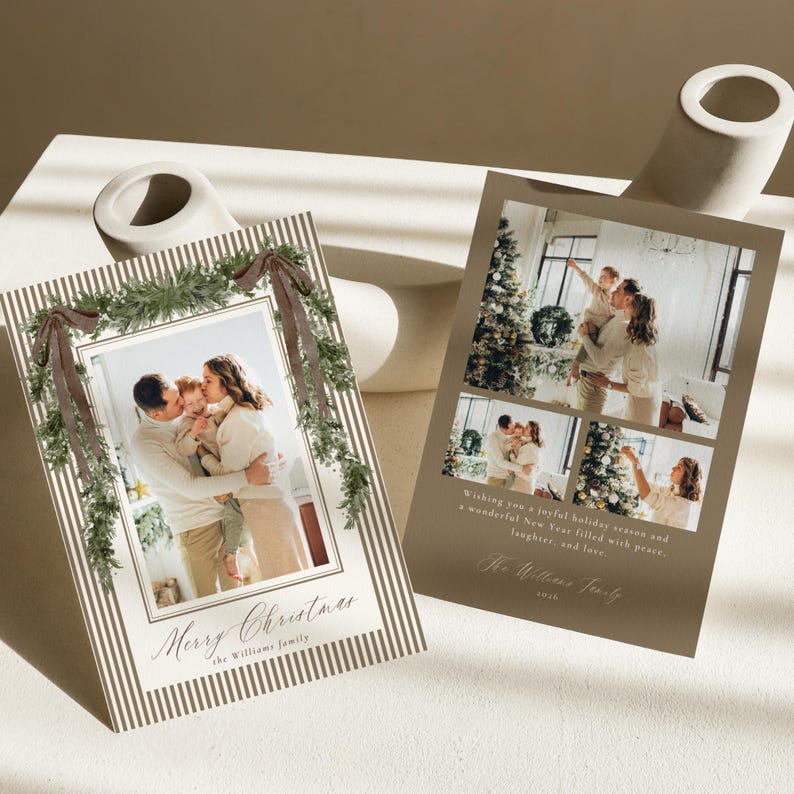 Timeless striped holiday photo card template with elegant greenery and family pictures, perfect for creating a personalized Christmas greeting card with a classic neutral style