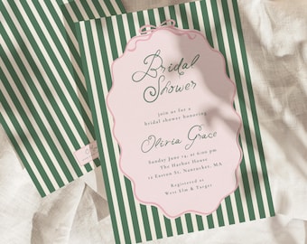 May include: A bridal shower invitation with a pink scalloped edge and the words "Bridal Shower" in elegant script. The invitation includes details for the event, set against a green and white striped background. A matching envelope is also visible.
