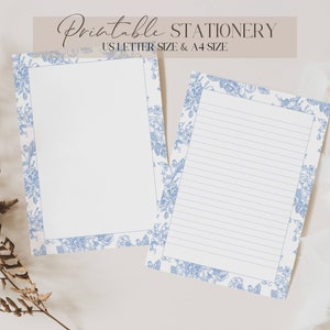 Ensemble de papeterie à motif floral bleu en téléchargement numérique, lot de fournitures pour agenda de bureau avec bordure, coffret cadeau pour bureau à domicile design en toile, ensemble de lettres