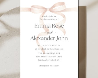 Neutral Beige Bow Wedding Invitation, Simple Invitation, Editable Template, Beige Ribbon, Modern Wedding Invitation, Beige Wedding Invite