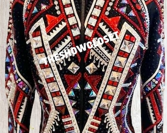 May include: A black show jacket with red, white, and silver embellishments. The jacket has a geometric pattern and is adorned with rhinestones and crystals.