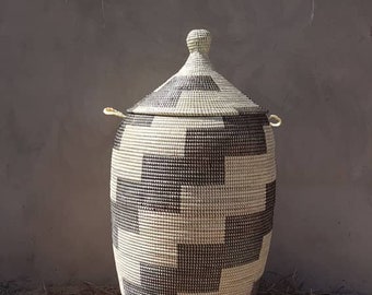African handmade storage basket Black  and beige Large