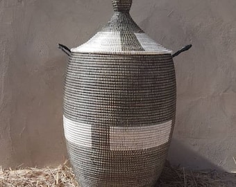 African handmade storage basket Large Black and white Dash