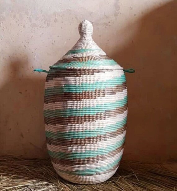 African Handmade Storage Basket Turquoise White and Brown large