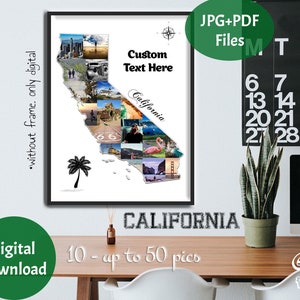 California State Map Collage, amerikanische Fotocollage, Hochzeitsgeschenk, Flitterwochen Fotocollage, Kalifornien Wandkunst, Reisecollage, USA, DIGITAL