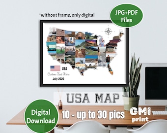 USA Karte Foto Collage, personalisierte Reise Wandkunst, Geburtstagsgeschenk, Digital