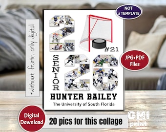 Collage de photos de hockey senior 2026, cadeau de l'année sportive nocturne pour seniors, cadeau pour joueur, cadeau sport de fin de saison, cadeau hockey sur glace, 20 photos, numérique