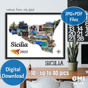 Sicilia Foto-Collage, Collage KARTE, Hochzeitsgeschenk, Italien Urlaub, Sizilien Flitterwochen Foto, Reise Collage, personalisiertes Geschenk, DIGITAL